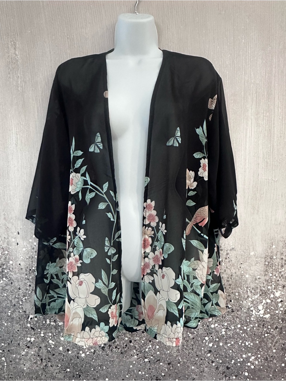 Warehouse One Kimono Black with Butterfly Detail